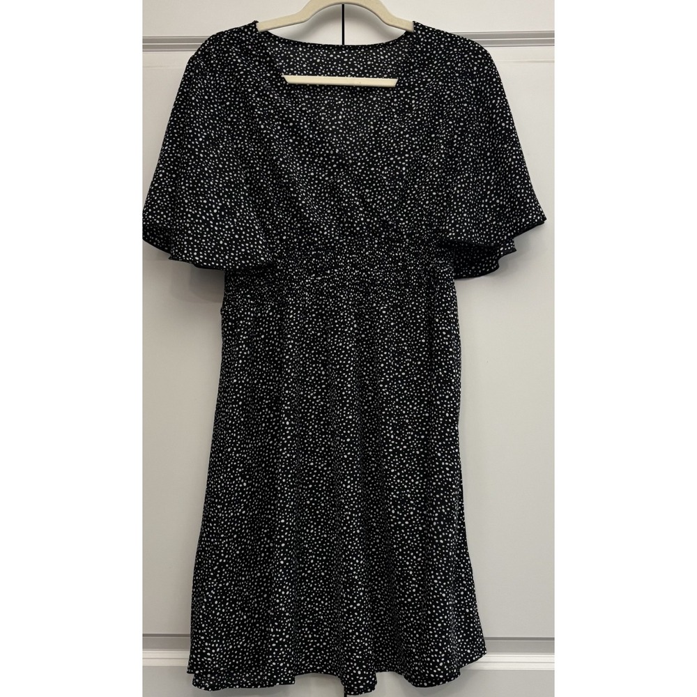 Womens Fit & Flare Mini Dress Black V-Neck Flared Sleeve Polka Dot Cottagecore M